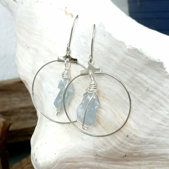 Raw Crystal Dangle Hoop Earrings, Assorted Gemstones, 1 Pair - Picture 5 of 6